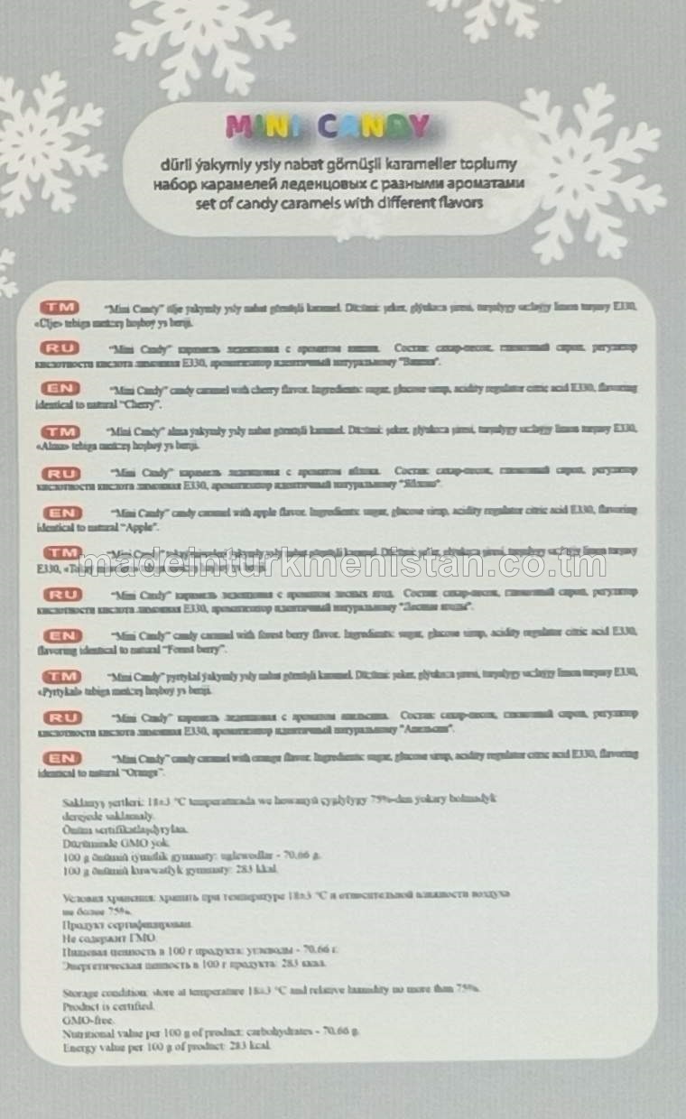 "Mini candy fruity Kindiwan" dürli ýakymly ysly nabat görnüşli karameller toplumy (ülje, alma, tokaý miweleri, pyrtykal)