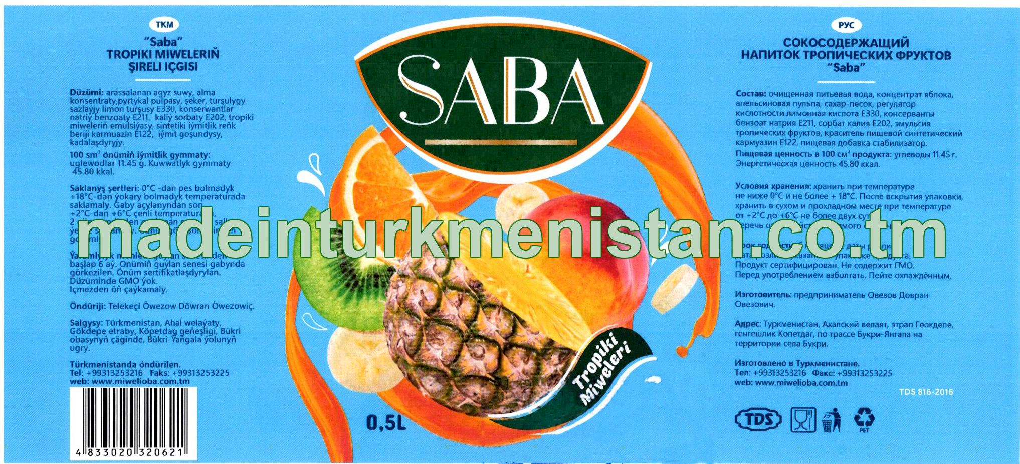 "Saba" tropiki miweleriň şireli içgisi