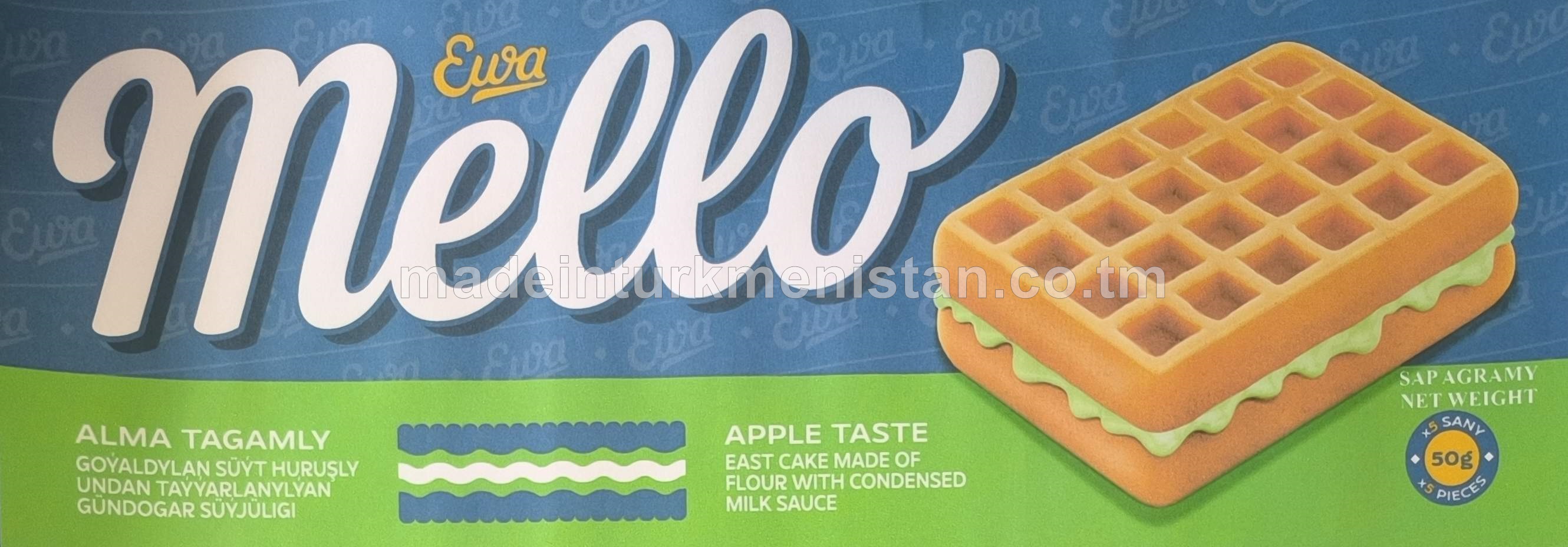 "Mello" Alma tagamly goýaldylan süýt huruşly undan taýýarlanylýan gündogar süýjüligi (50g*5sany)