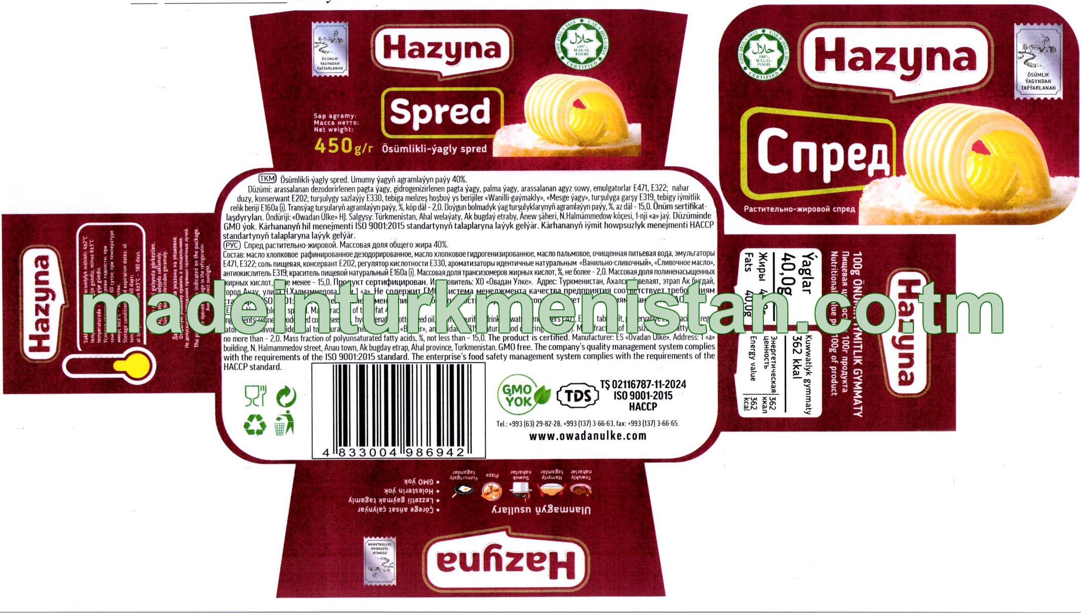 Ösümlikli-ýagly spred. Umumy ýagyň agramlaýyn paýy 40%