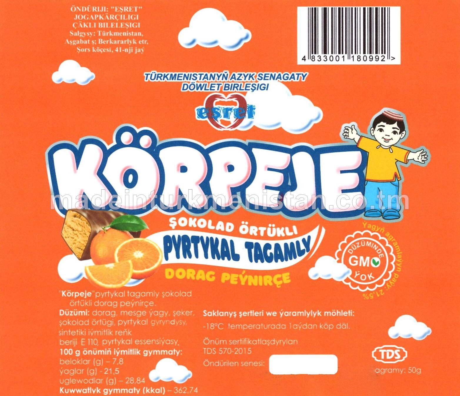 "KÖRPEJE" şokolad örtükli pyrtykal tagamly dorag peýnirçe. Ýaglylygy 21,5%