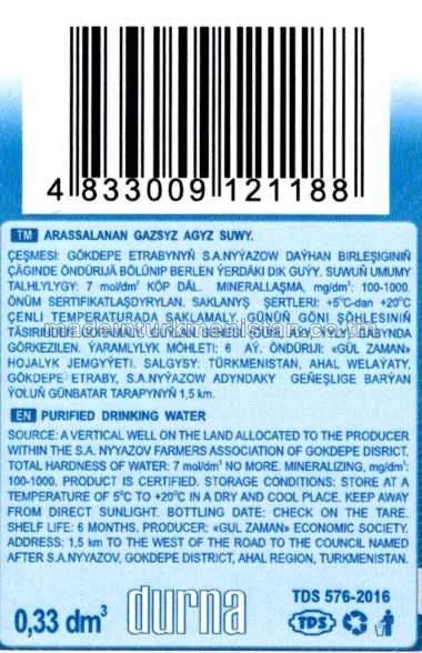 "durna" arassalanan gazsyz agyz suwy