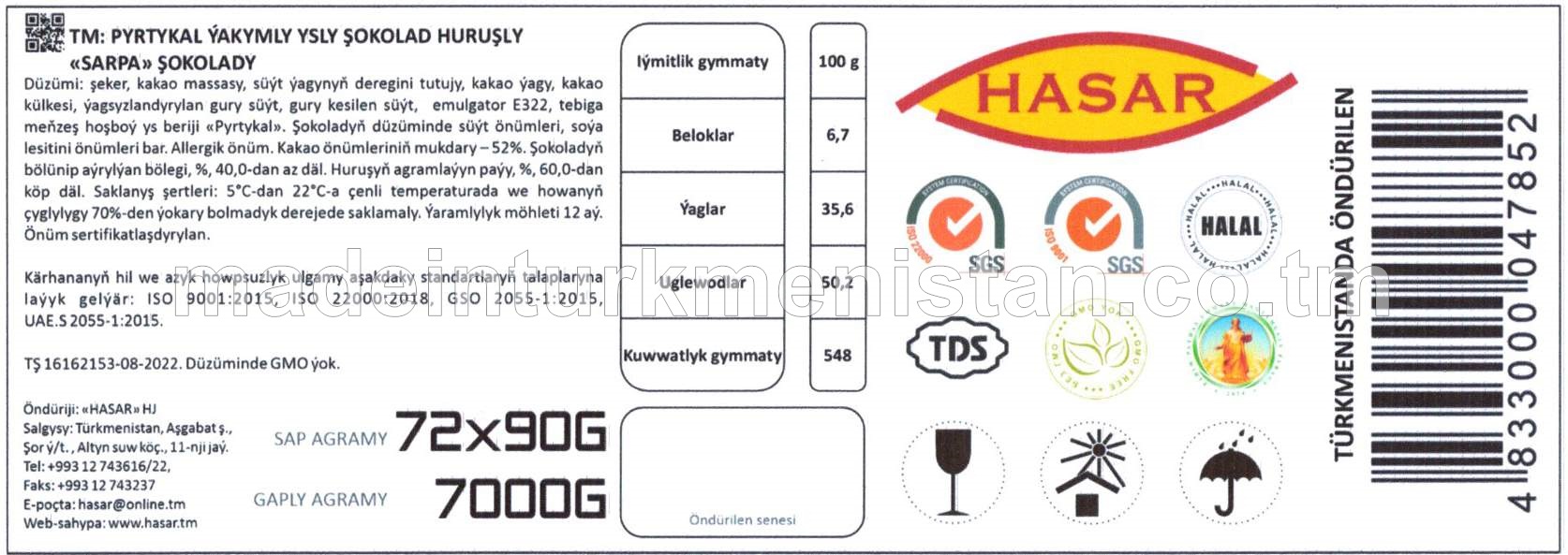 Pyrtykal ýakymly ysly şokolad huruşly "Sarpa" şokolady (72x90g)