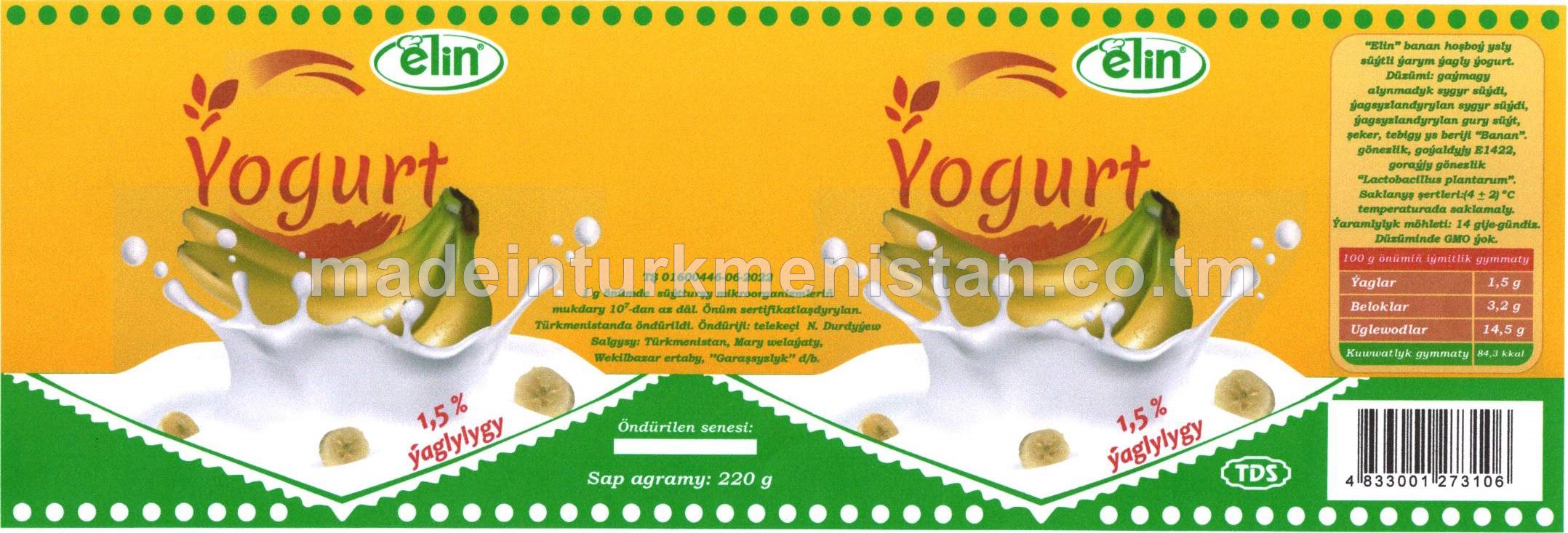 Banan hoşboý ysly süýtli ýarym ýagly ýogurt. Ýaglylygy 1,5%