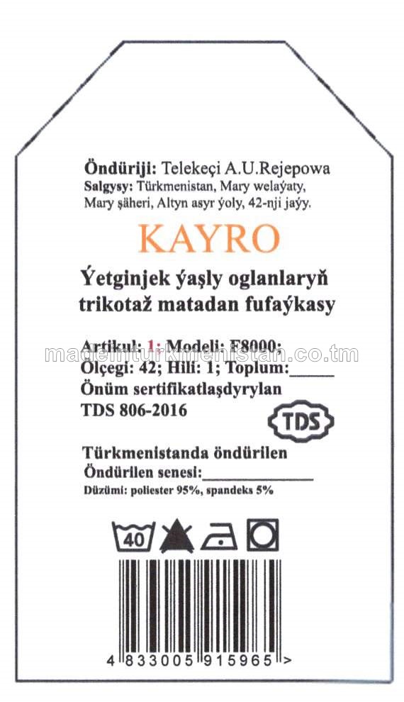 Ýetginjek ýaşly oglanlaryň trikotaž matadan fufaýkasy. Modeli: F8000, artikul:1, ölçegi: 42