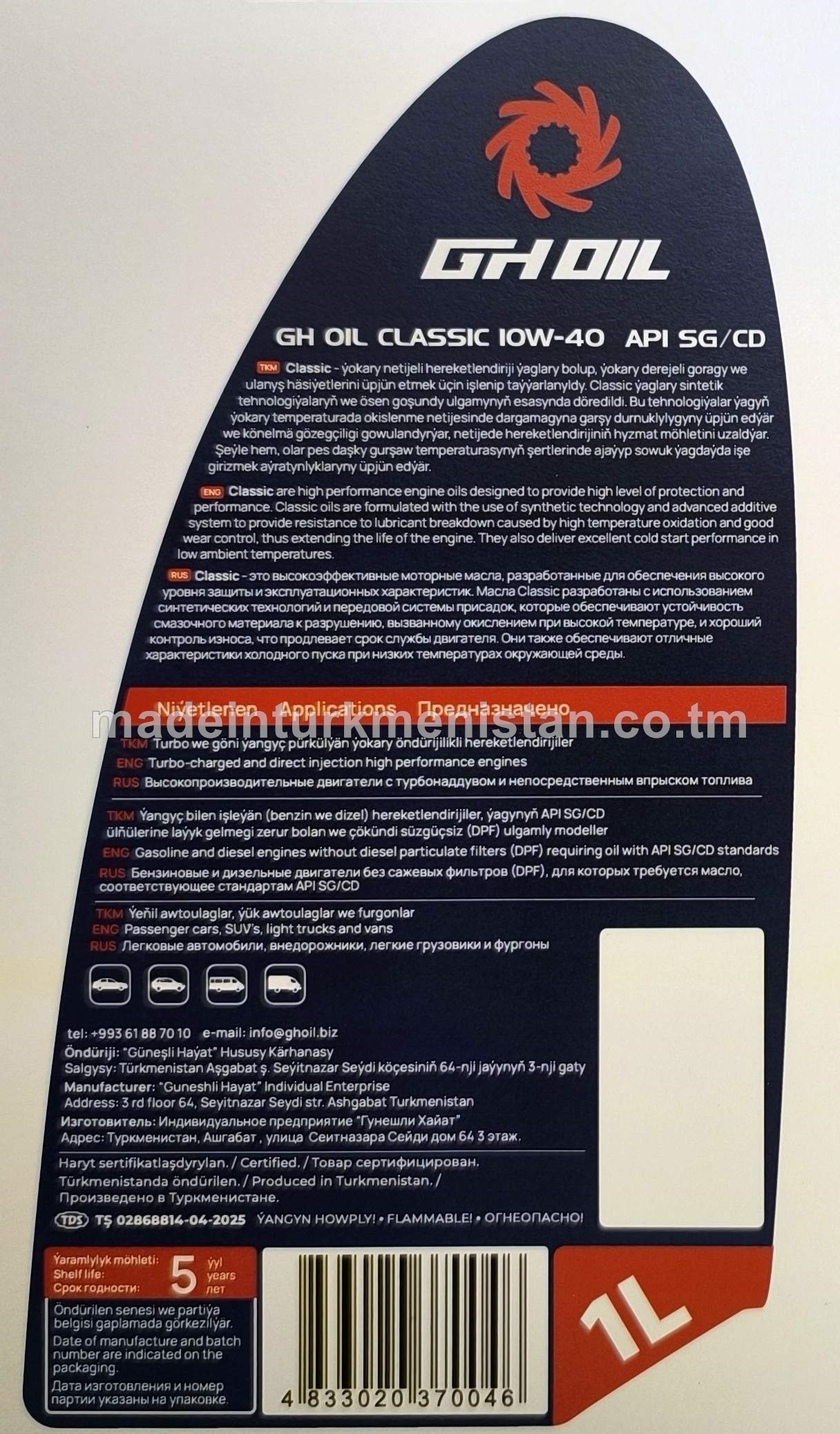 Ýarym sintetiki hereketlendiriji  ýagy Classic 10W-40 API SG/CD