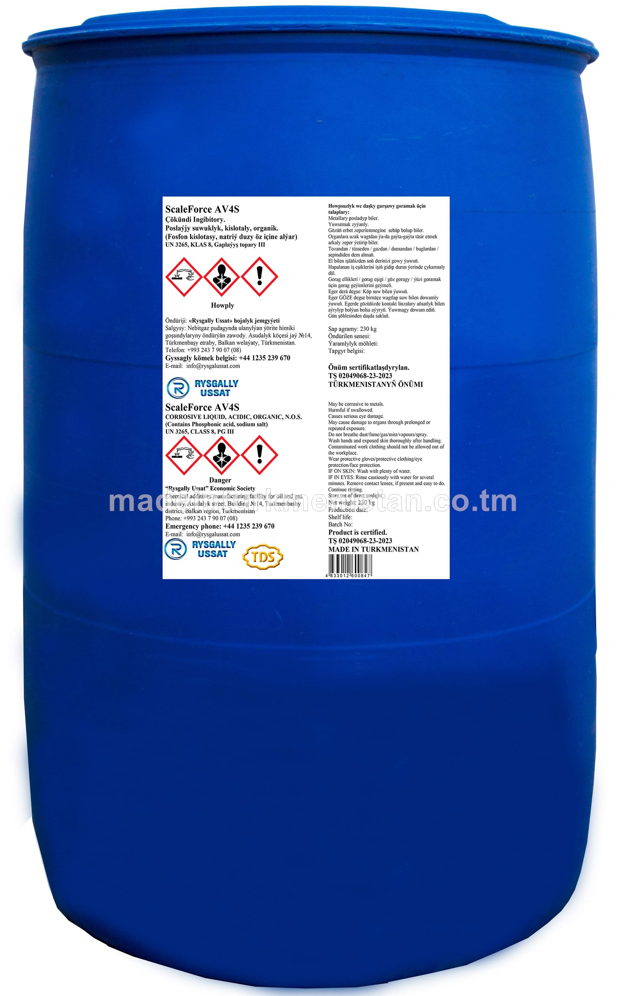 ScaleForce AV4S Çökündi Ingibitory. Poslaýjy suwuklyk, kislotaly, organik. (Fosfon kislotasy, natriý duzy öz içine alýar)