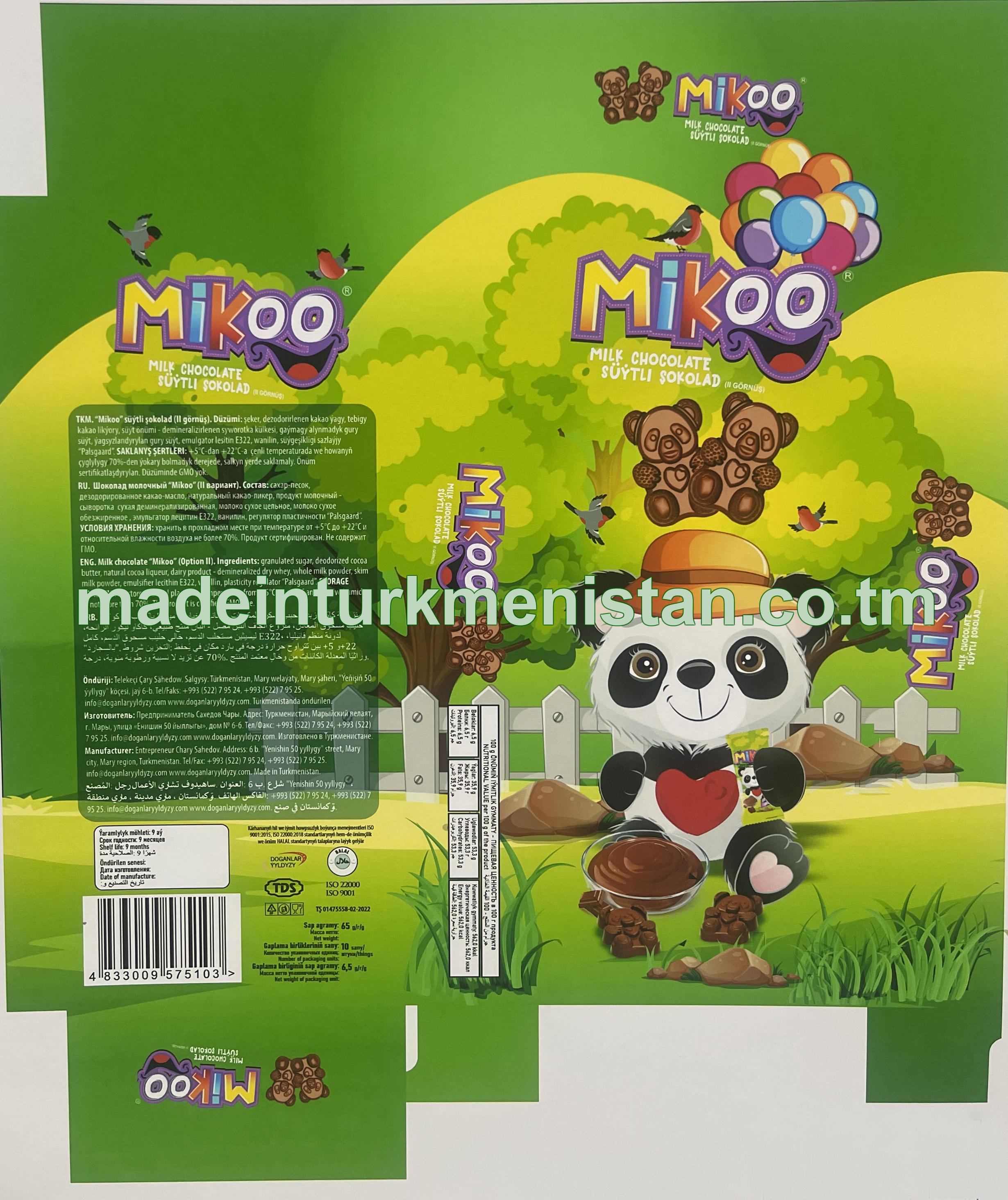 "Mikoo" süýtli şokolad (II gornüş) (6,5 g * 10 sany)