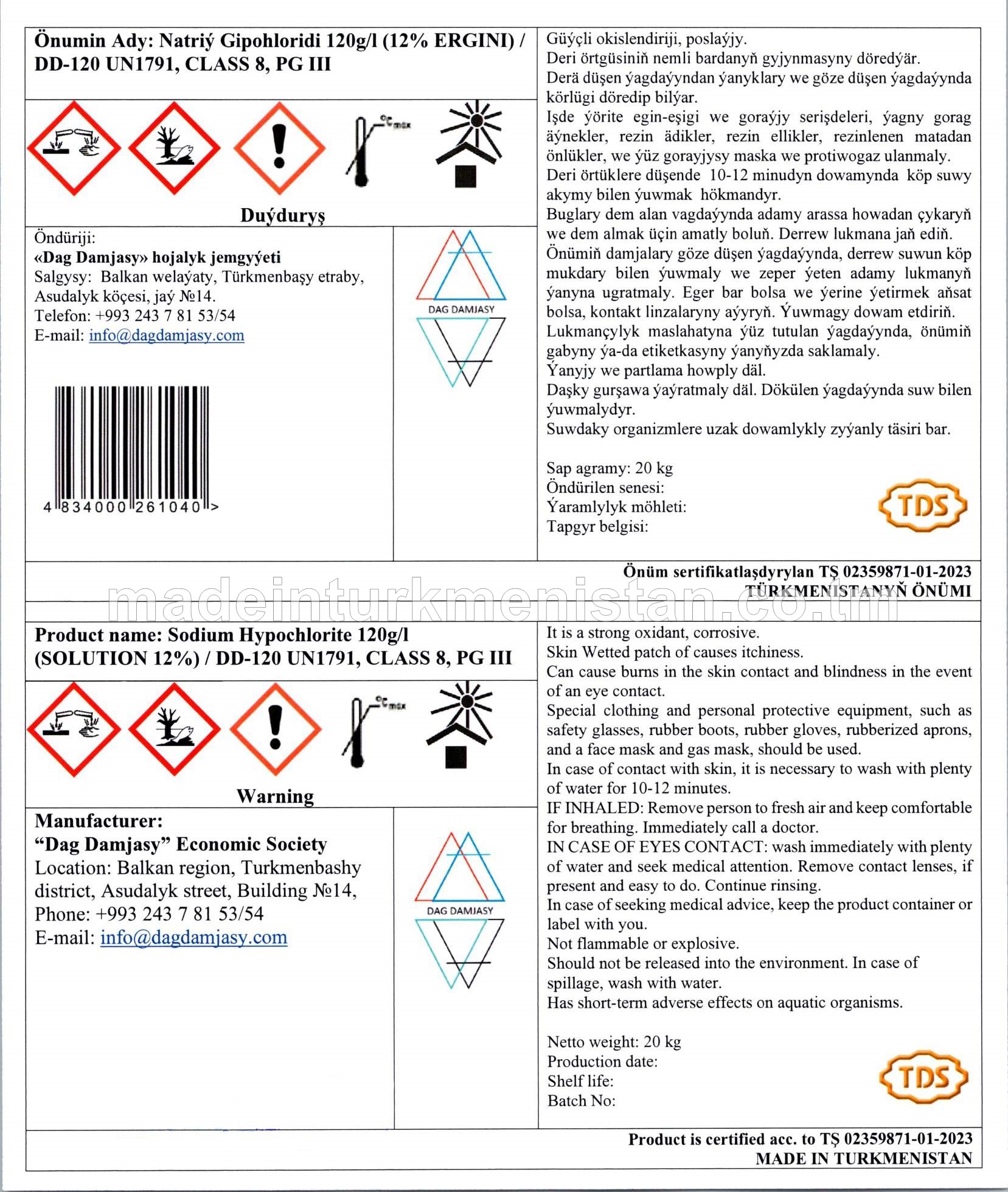 Natriý gipohloridi 120g/l (12% ergini)/DD-120 UN1791, CLASS 8 PG III