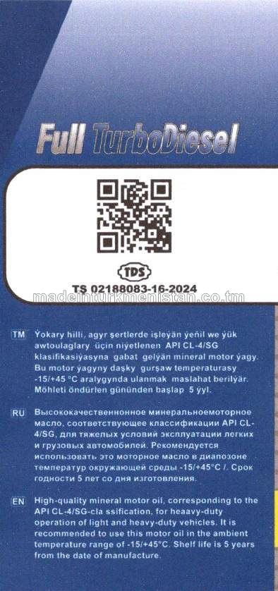 Diesel motor ýagy SAE 20W-50 API: Cl-4 Full Turbo Diesel