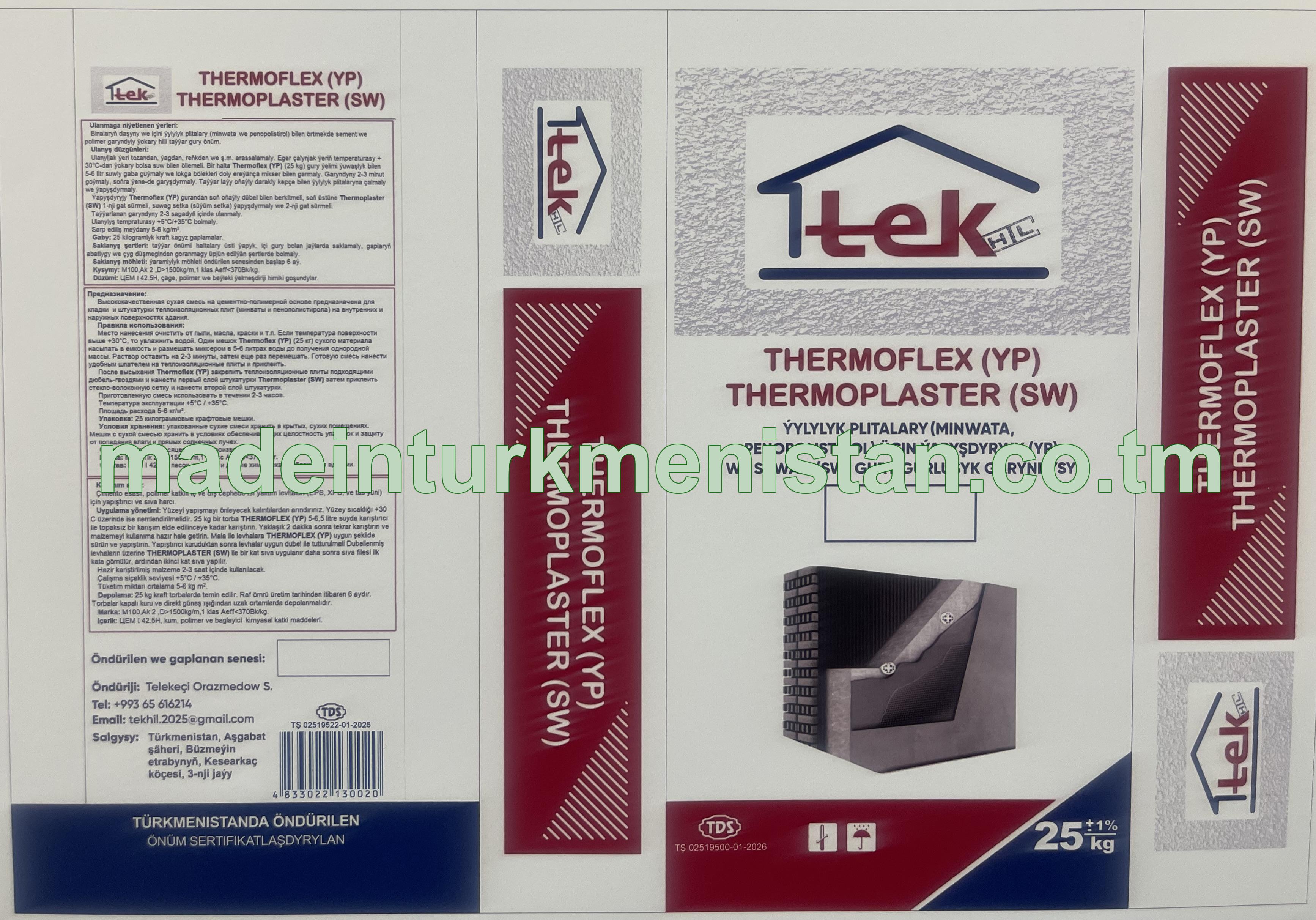 "Thermoflex(YP), Thermoplaster (SW)" ýylylyk plitalary (miniwata, penopolistirol) üçin ýapyşdyryjy (YP) we sywag (SW) gury gurluşyk garyndysy