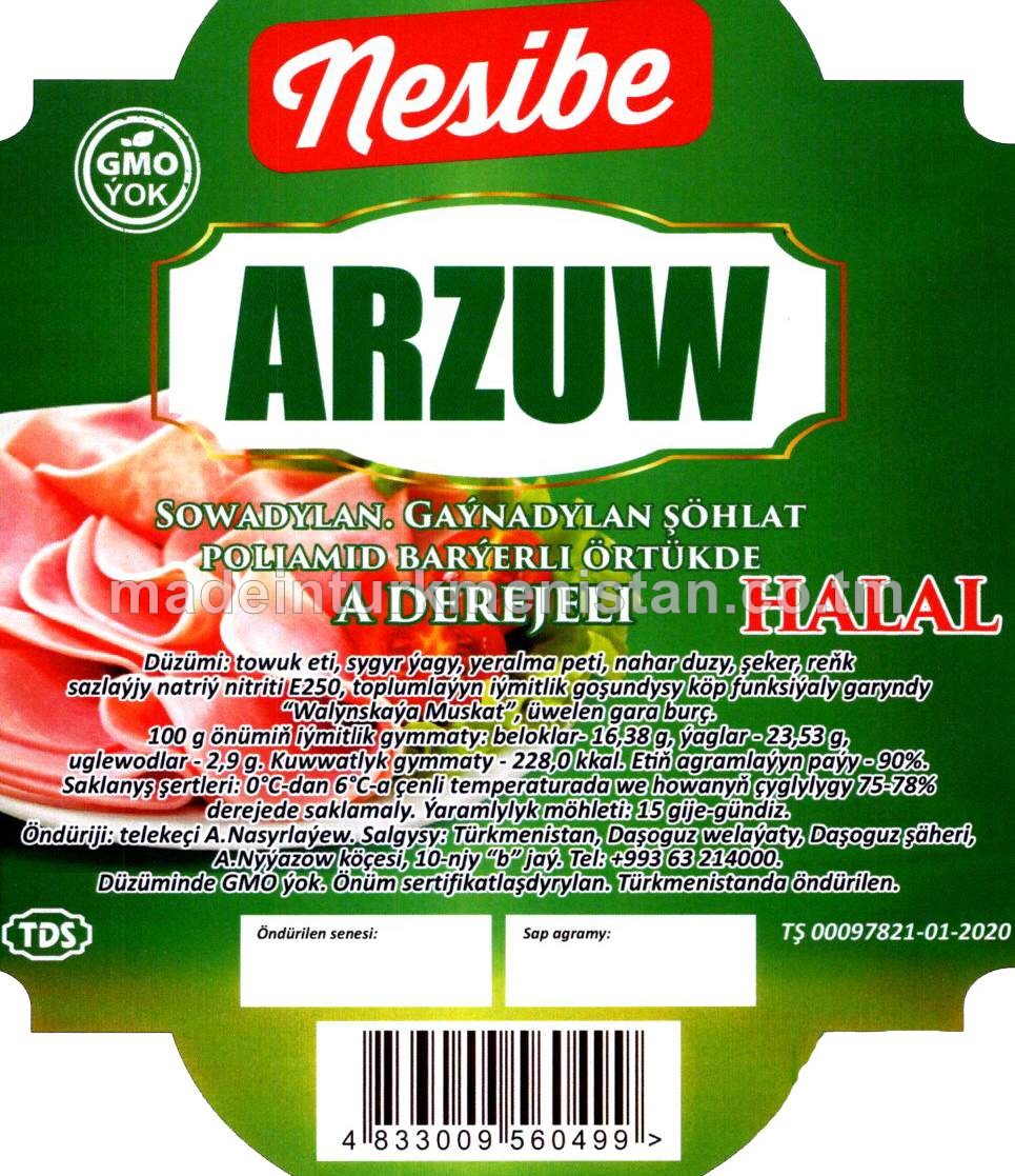 "Arzuw" sowadylan gaýnadylan şöhlat poliamid barýerli örtükde A derejeli (Halal)