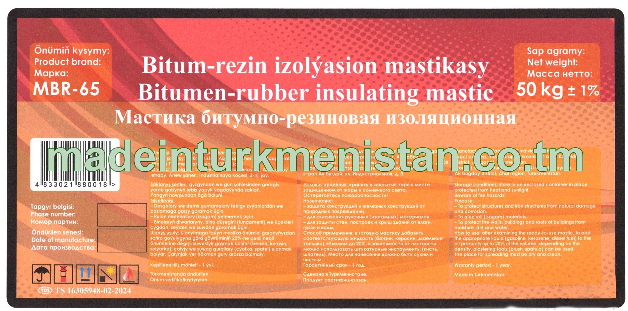 Bitum-rezin izolýasion mastikasy, markasy MBR-65