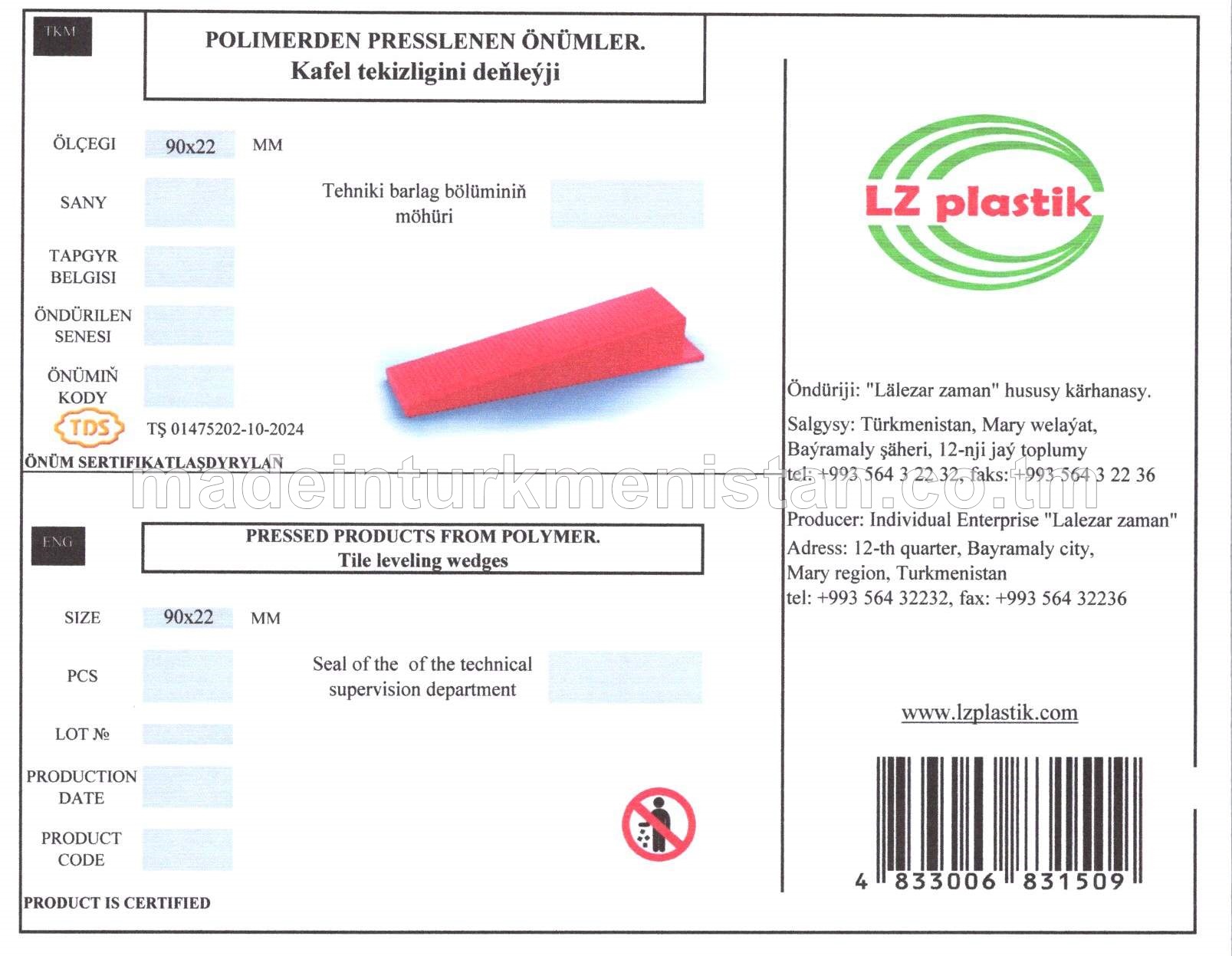 Kafel tekizligini deňleýji. Ölçegi 90x22mm (Polimerden presslenen önümler)