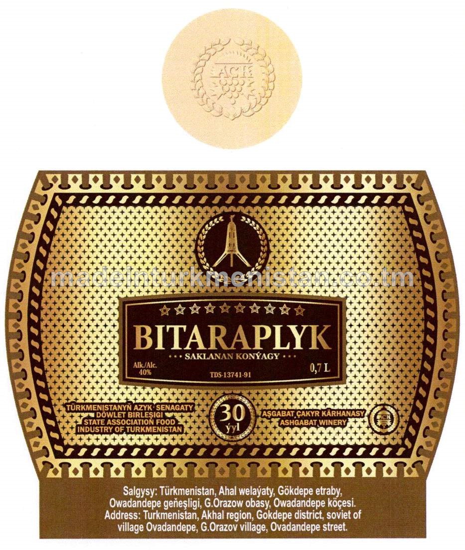 "Bitaraplyk" saklanan konýagy. Alk: 40% (30ýyl). 10 ýyldyzly