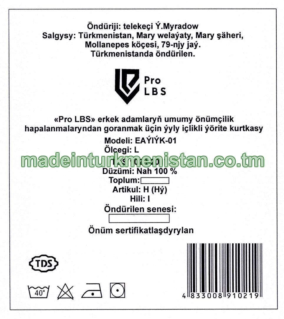 «Pro LBS» erkek adamlaryň umumy önümçilik hapalanmalaryndan goranmak üçin ýyly içlikli ýörite kurtkasyю Modeli: EAÝIÝK-01, ölçegi: L, artikul: H (Hý), Hili: I