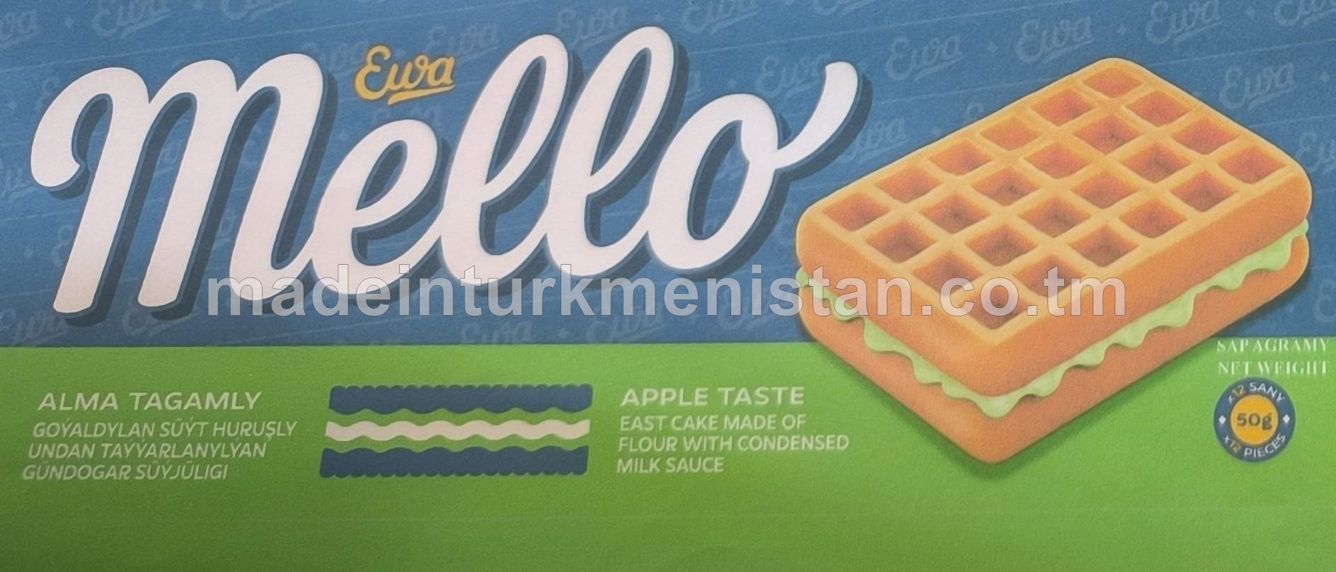 "Mello" Alma tagamly goýaldylan süýt huruşly undan taýýarlanylýan gündogar süýjüligi (50g*12sany)