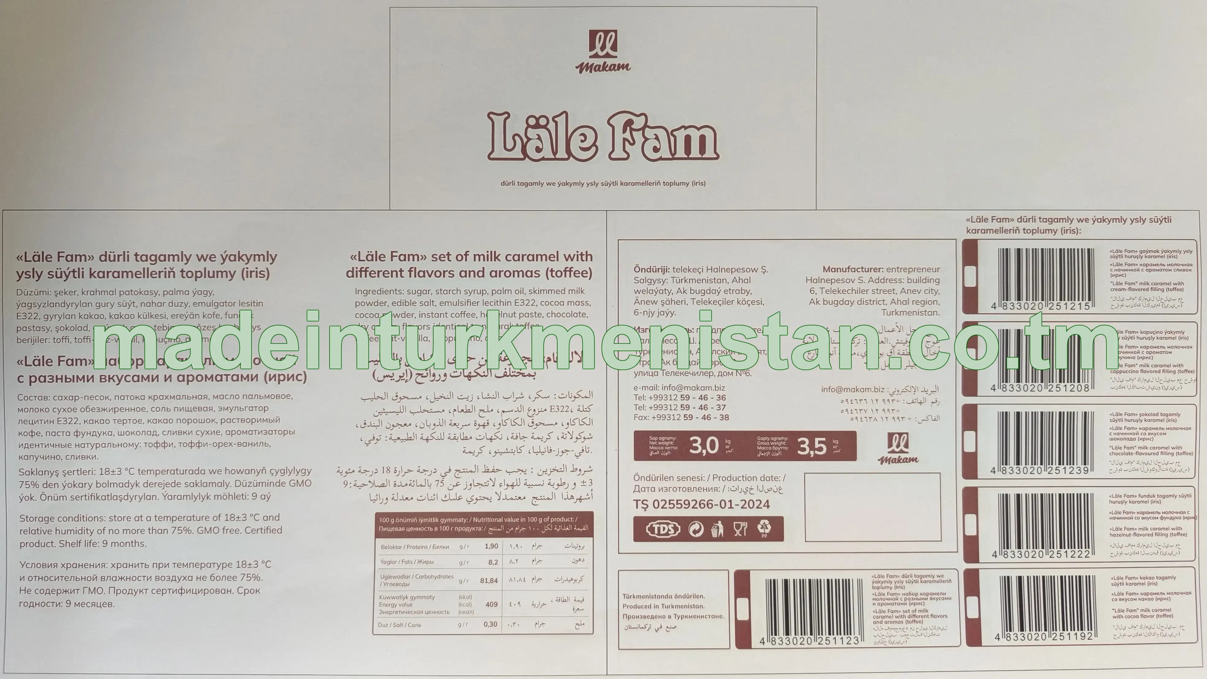 "Läle Fam" dürli tagamly we ýakymly ysly süýtli karamelleriň toplumy (iris) (gaýmak, kapuçino,şokolad,funduk,kakao)