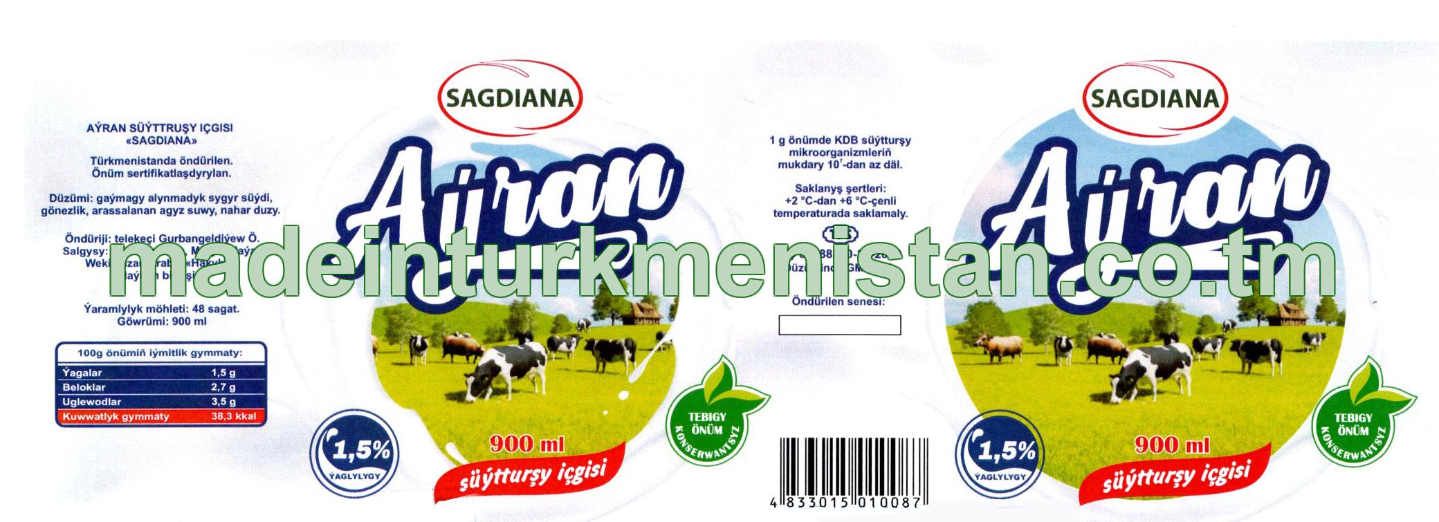 Aýran süýtturşy içgisi. Ýaglygy 1,5%