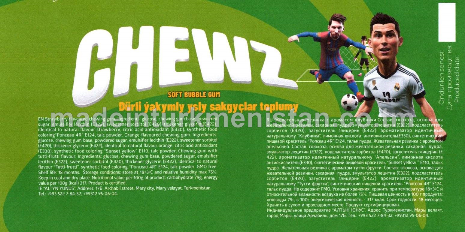 "chewz" Dürli ýakymly ysly sakgyçlar toplumy (ýertudana, pyrtykal, tutti-frutti) (5x3,5g)