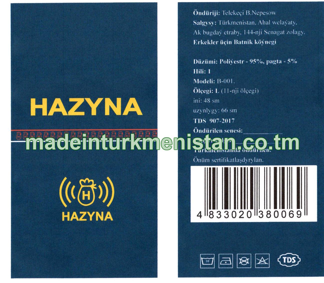 Erkekler üçin batnik köýnegi, modeli: B-001, ölçegi: L (11-nji ölçegi), ini-48sm, uzynlygy-66sm