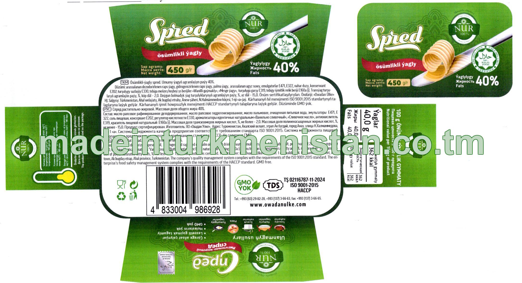 Ösümlikli-ýagly spred. Umumy ýagyň agramlaýyn paýy 40% (raps ýagy)