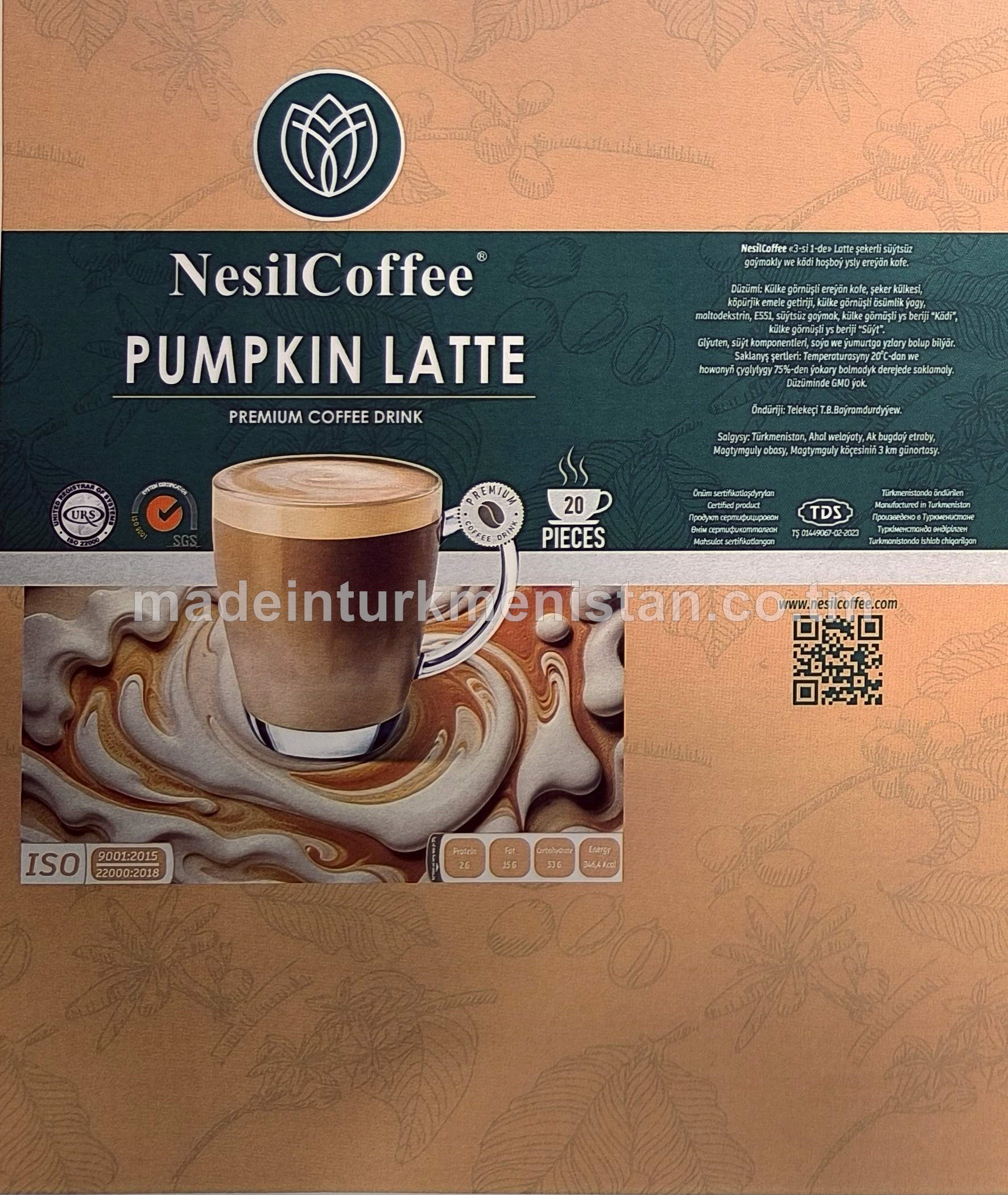 NesilCoffee "3-si 1-de" Latte şekerli süýtsüz gaýmakly we kädi hoşboý ysly ereýän kofe (20 sany x 20g)