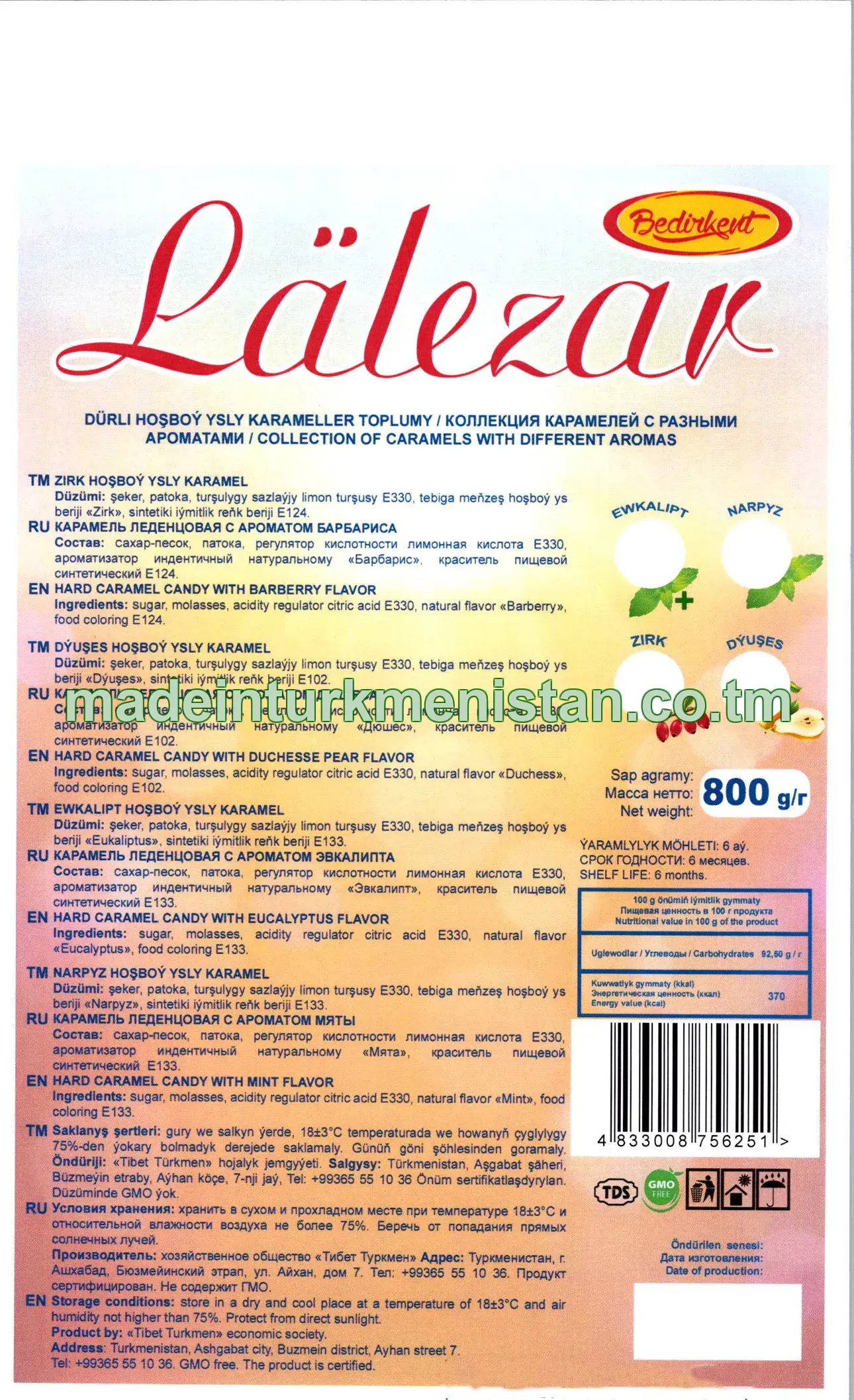"Lälezar" dürli hoşboý ysly karameller toplumy (Zirk, Dýuşes, Eukaliptus, narpyz hoşboý ysly karameller) 