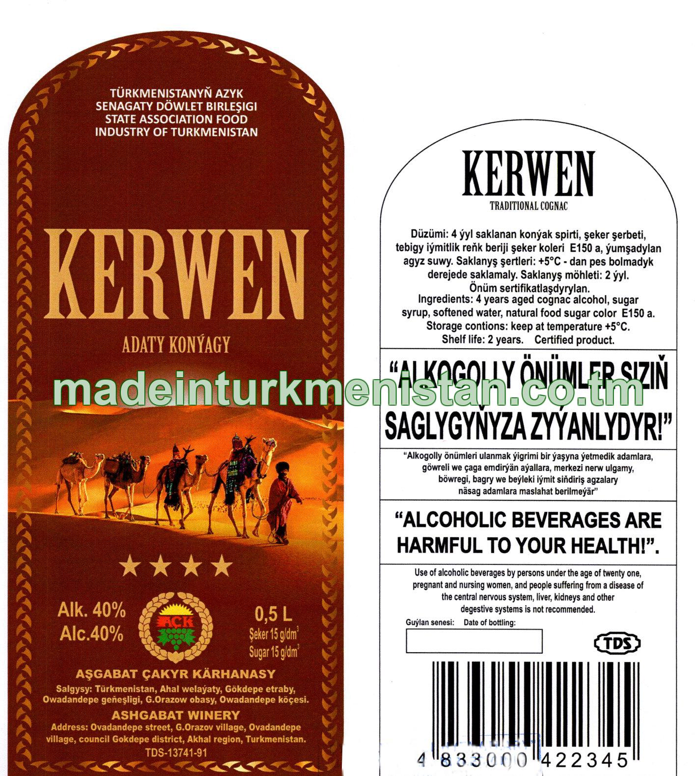 "Kerwen" adaty konýagy. Alk: 40%, şeker 15g/dm3
