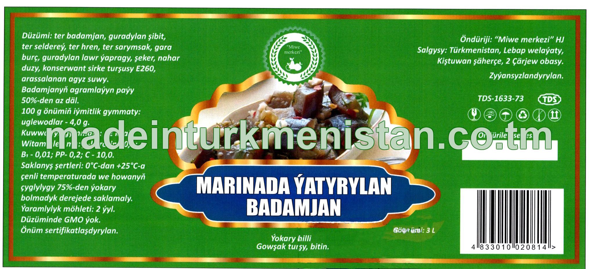 Marinada ỳatyrylan badamjan. Ýokary hilli. Gowşak turşy, bitin