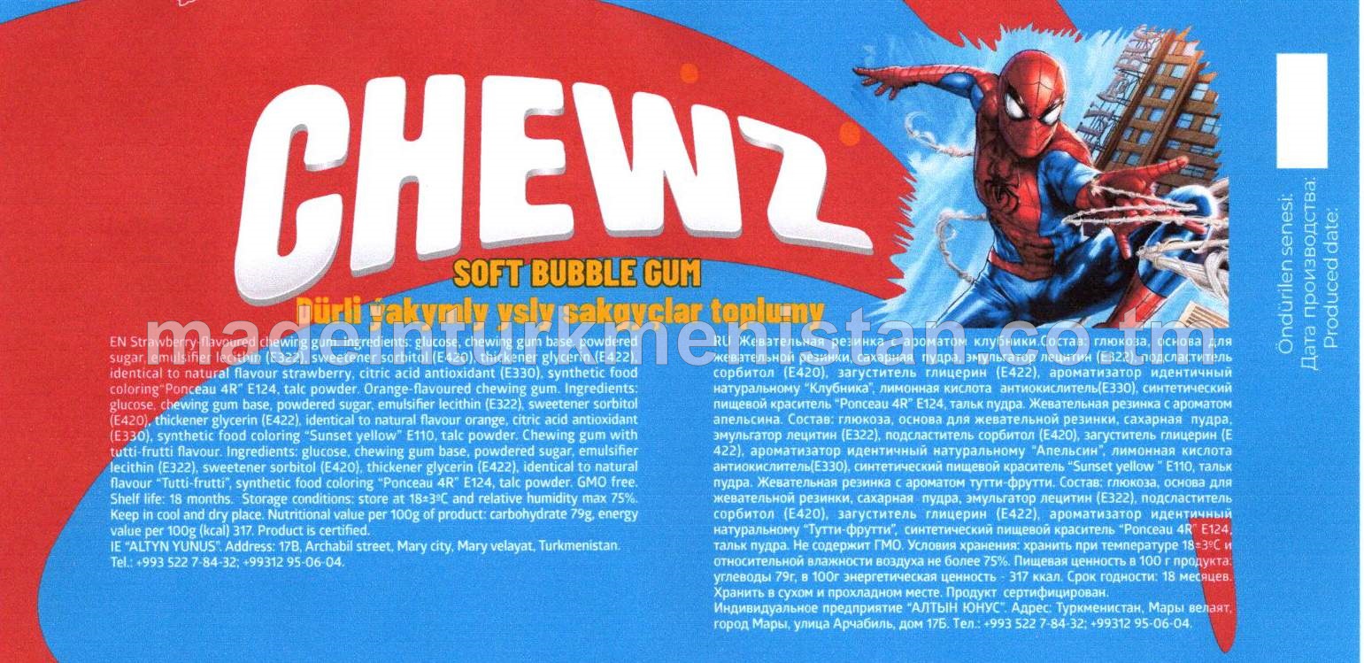 "chewz" Dürli ýakymly ysly sakgyçlar toplumy (ýertudana, pyrtykal, tutti-frutti) (5x3,5g)