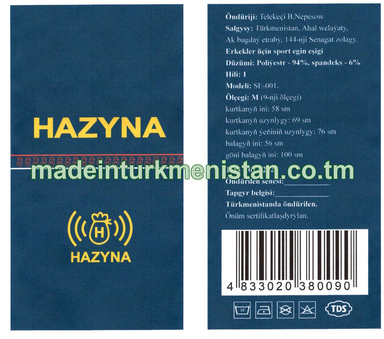 Erkekler üçin sport egin eşigi, modeli: SE-001, ölçegi: M (9-njy ölçegi), kurtkanyň ini -58sm, kurtkanyň uzynlygy -69sm, kurtkanyň ýeňiniň uzynlygy - 76sm, balagyň ini-56sm, göni balagyň ini-100sm