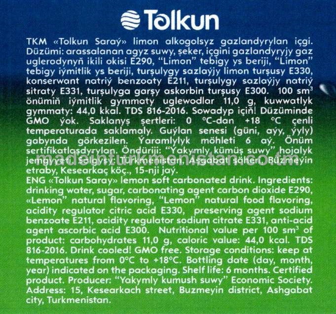 "Tolkun Saraý" limon alkogolsyz gazlandyrylan içgi