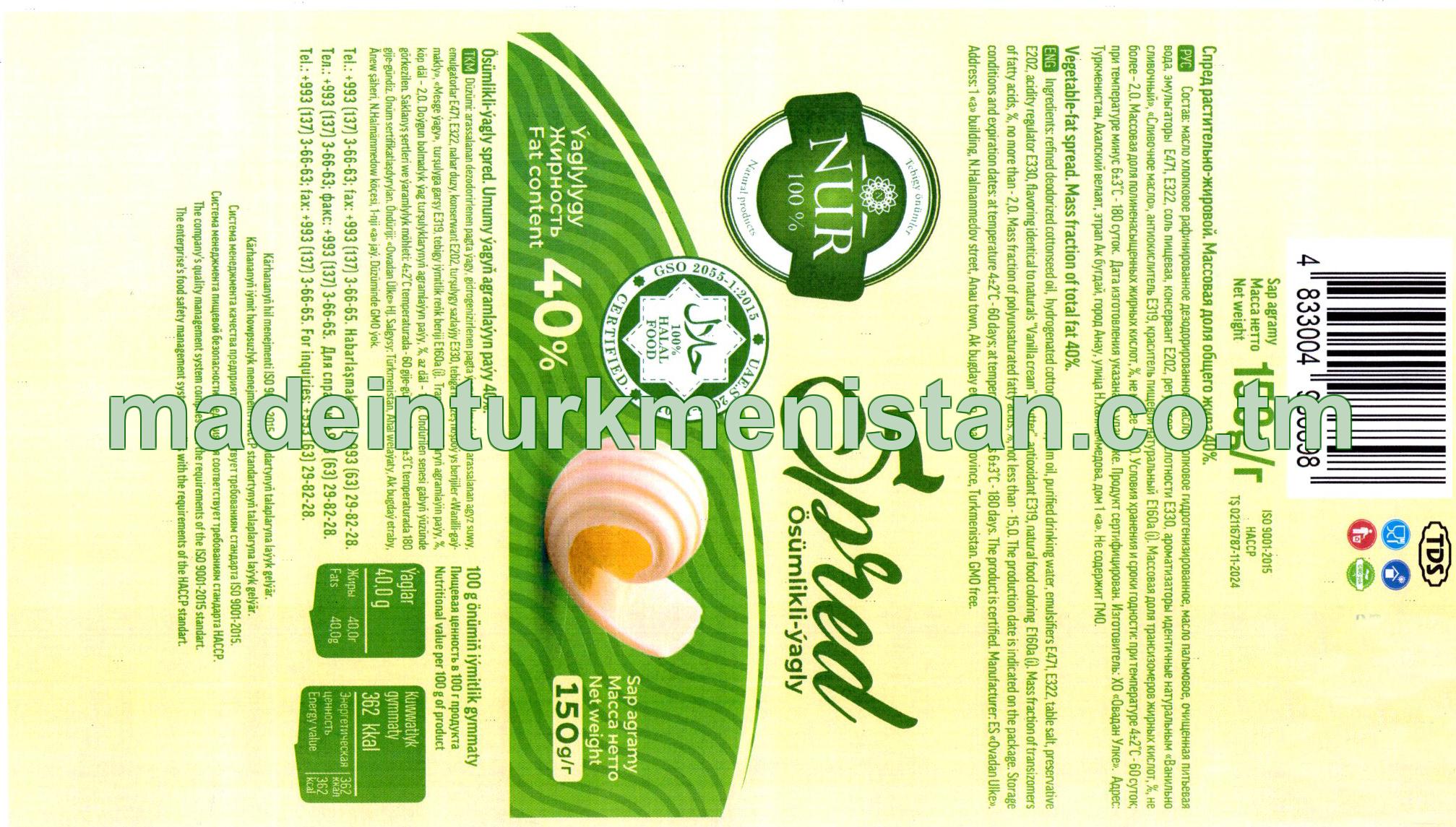 Ösümlikli-ýagly spred. Umumy ýagyň agramlaýyn paýy 40%